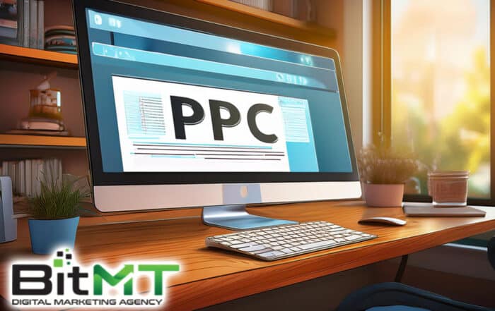 computer on the right side of desk with search engine on screen with the letters PPC on it PPC campaign