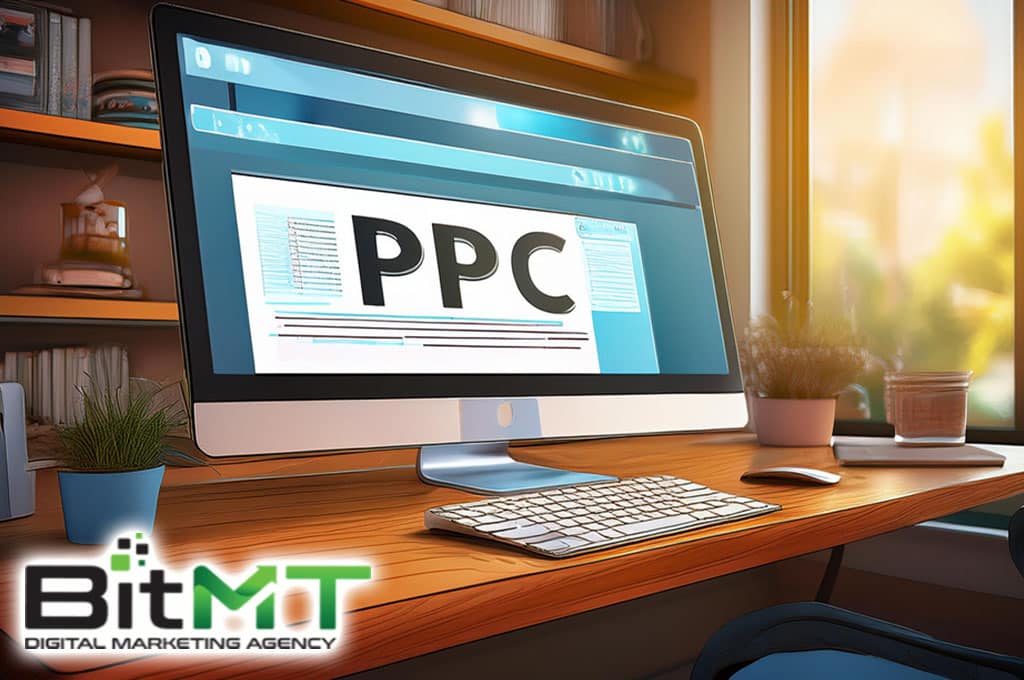 computer on the right side of desk with search engine on screen with the letters PPC on it PPC campaign