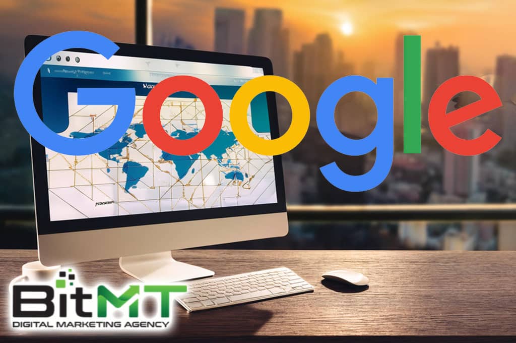 Google My Business Optimization desktop computer showing maps and internet